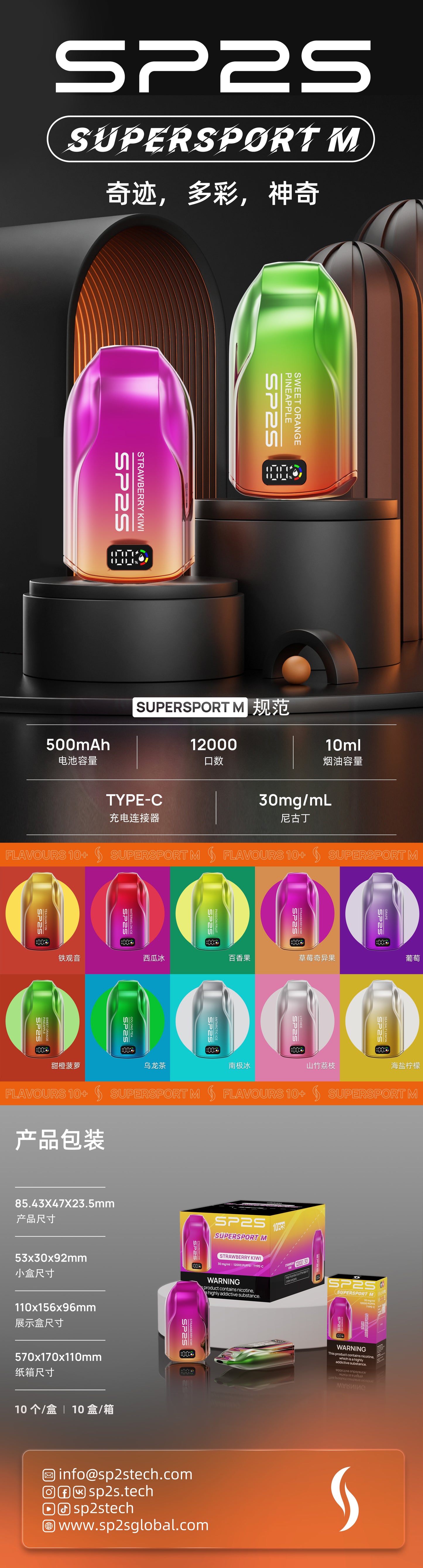 正品SP2S思博瑞 最新款sp2s一次性/拋棄式12000口 ，發光顯示屏，可充電電子煙 10ml超大容量